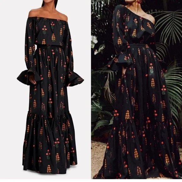 NWT Agua By Agua Bendita Almendra Dahlia Floral Off Shoulder Maxi Dress Sz Large - Picture 2 of 11